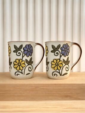 Vintage Floral Relief Stoneware Mugs | Set of 2